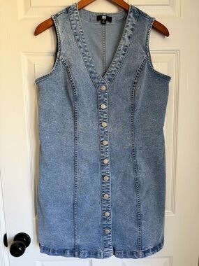Frye Denim Dress Medium Button Front Sleeveless V Neck Stretch Blue